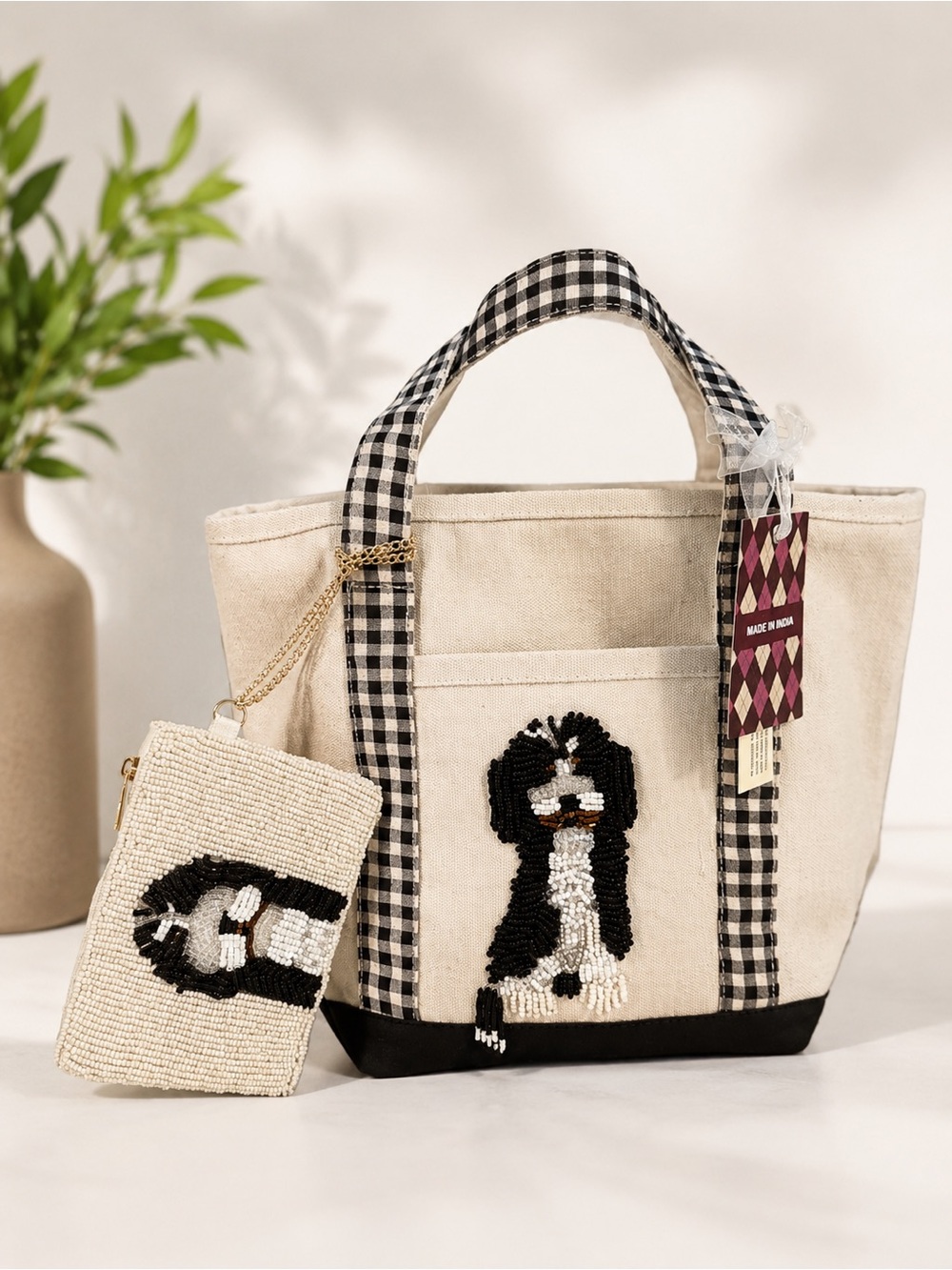 Beaded Black & White Schnauzers Mini Canvas Tote with Coin Pouch